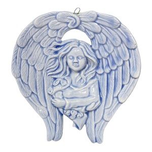CERAMIC Unique Blue Angel With Flowers Arms Crossed Large Wings.